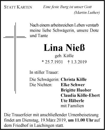 Traueranzeige von Lina Nieß von SÜDWEST PRESSE Ausgabe Ulm/Neu-Ulm