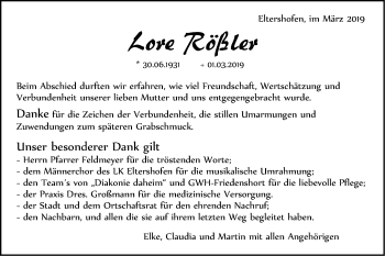 Traueranzeige von Lore Rößler von Haller Tagblatt