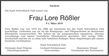 Traueranzeige von Lore Rößler von Haller Tagblatt