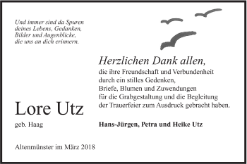 Traueranzeige von Lore Utz von Hohenloher Tagblatt