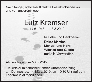 Traueranzeige von Lutz Kremser von Ehinger Tagblatt