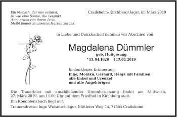 Traueranzeige von Magdalena Dümmler von Hohenloher Tagblatt