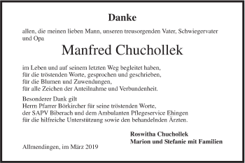 Traueranzeige von Manfred Chuchollek von Ehinger Tagblatt