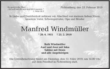 Traueranzeige von Manfred Windmüller von Rundschau Gaildorf