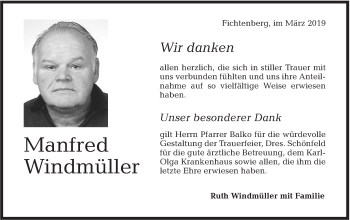 Traueranzeige von Manfred Windmüller von Rundschau Gaildorf