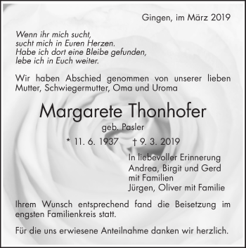 Traueranzeige von Margarete Thonhofer von NWZ Neue Württembergische Zeitung/Geislinger Zeitung