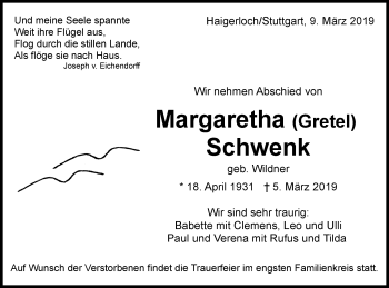 Traueranzeige von Margaretha Schwenk von Hohenzollerische Zeitung