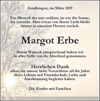 Traueranzeige von Margot Erbe von NWZ Neue Württembergische Zeitung