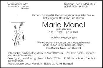 Traueranzeige von Maria Mandl von Geislinger Zeitung