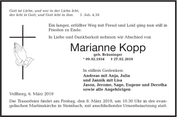 Traueranzeige von Marianne Kopp von Haller Tagblatt