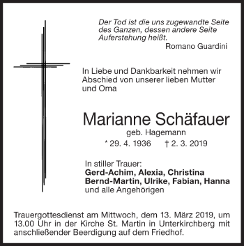 Traueranzeige von Marianne Schäfauer von SÜDWEST PRESSE Ausgabe Ulm/Neu-Ulm