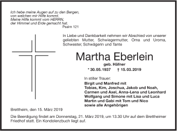 Traueranzeige von Martha Eberlein von Hohenloher Tagblatt