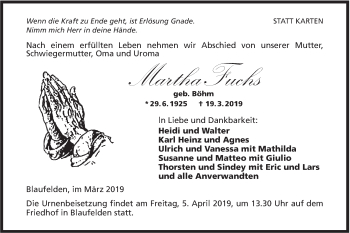 Traueranzeige von Martha Fuchs von Hohenloher Tagblatt