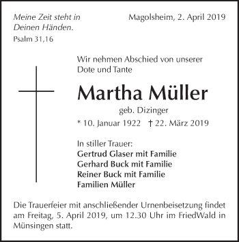 Traueranzeige von Martha Müller von Alb-Bote/Metzinger-Uracher Volksblatt