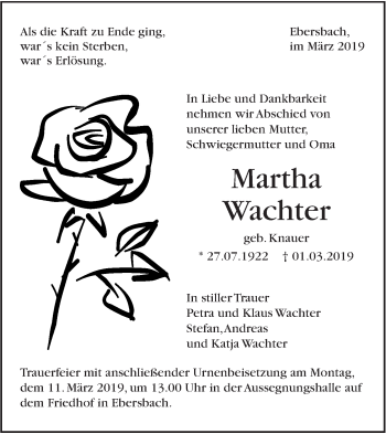 Traueranzeige von Martha Wachter von NWZ Neue Württembergische Zeitung