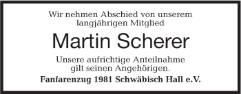 Traueranzeige von Martin Scherer von Haller Tagblatt