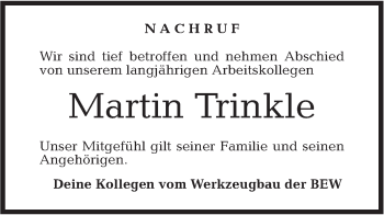 Traueranzeige von Martin Trinkle von Haller Tagblatt