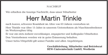 Traueranzeige von Martin Trinkle von Haller Tagblatt