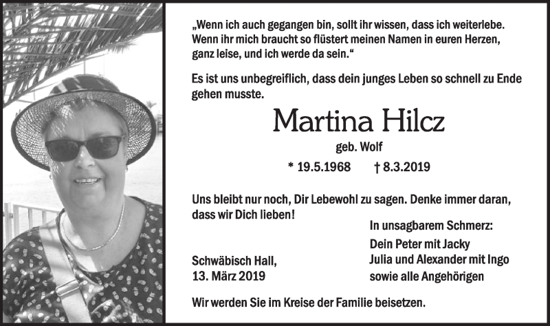  Traueranzeige für Martina Hilcz vom 13.03.2019 aus Haller Tagblatt