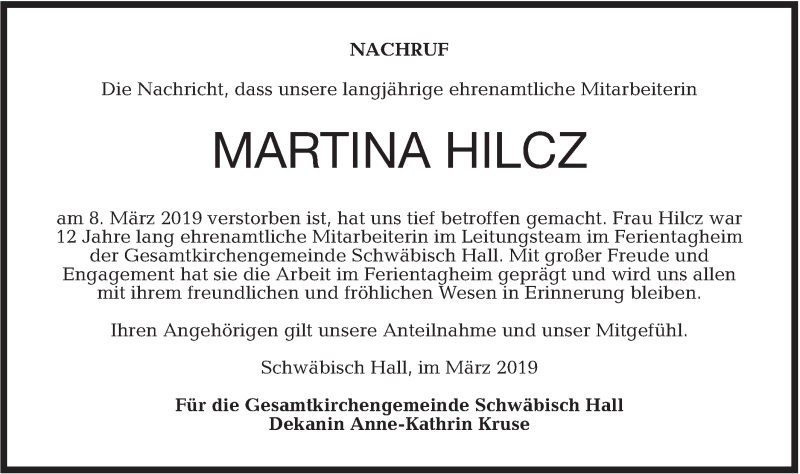  Traueranzeige für Martina Hilcz vom 21.03.2019 aus Haller Tagblatt