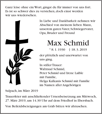 Traueranzeige von Max Schmid von NWZ Neue Württembergische Zeitung