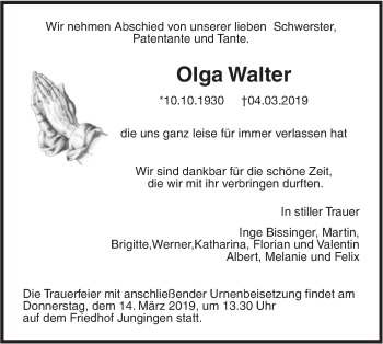 Traueranzeige von Olga Walter von SÜDWEST PRESSE Ausgabe Ulm/Neu-Ulm