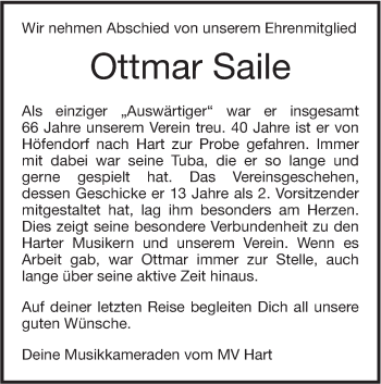 Traueranzeige von Ottmar Saile von Hohenzollerische Zeitung