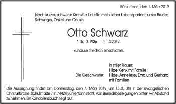 Traueranzeige von Otto Schwarz von Haller Tagblatt