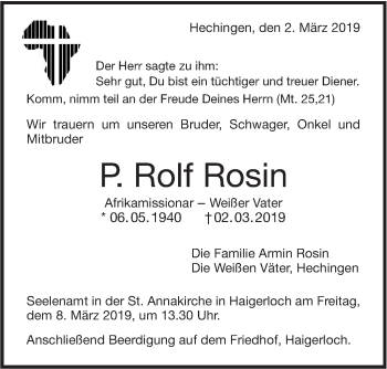 Traueranzeige von P. Rolf Rosin von Hohenzollerische Zeitung