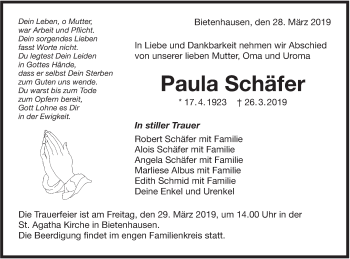 Traueranzeige von Paula Schäfer von Hohenzollerische Zeitung