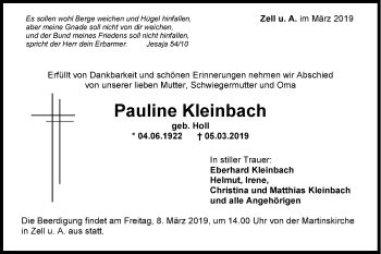 Traueranzeige von Pauline Kleinbach von NWZ Neue Württembergische Zeitung