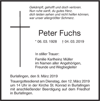 Traueranzeige von Peter Fuchs von SÜDWEST PRESSE Ausgabe Ulm/Neu-Ulm