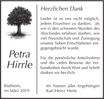 Traueranzeige von Petra Hirrle von Alb-Bote/Metzinger-Uracher Volksblatt