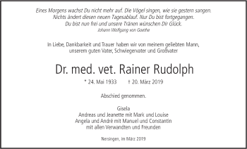 Traueranzeige von Rainer Rudolph von SÜDWEST PRESSE Ausgabe Ulm/Neu-Ulm