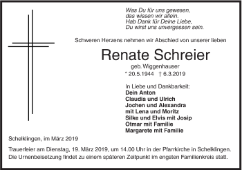 Traueranzeige von Renate Schreier von SÜDWEST PRESSE Ausgabe Ulm/Neu-Ulm