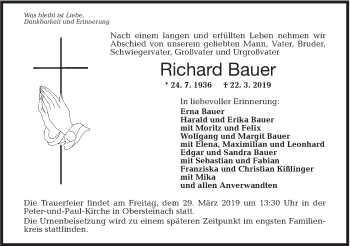 Traueranzeige von Richard Bauer von Hohenloher Tagblatt