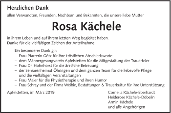 Traueranzeige von Rosa Kächele von Alb-Bote/Metzinger-Uracher Volksblatt