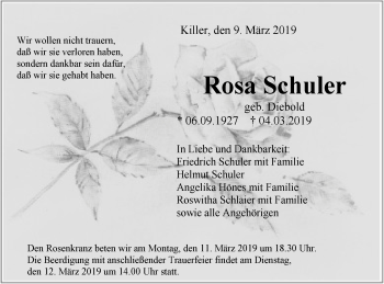 Traueranzeige von Rosa Schuler von Hohenzollerische Zeitung