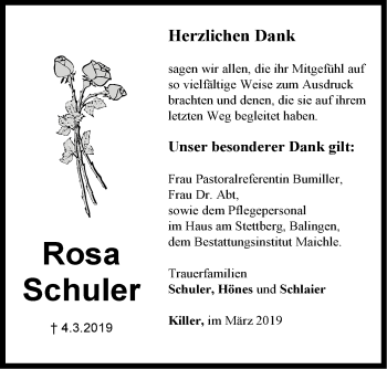 Traueranzeige von Rosa Schuler von Hohenzollerische Zeitung