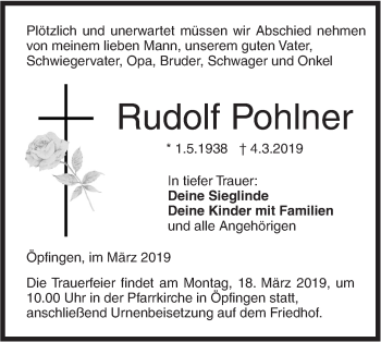 Traueranzeige von Rudolf Pohlner von SÜDWEST PRESSE Ausgabe Ulm/Neu-Ulm