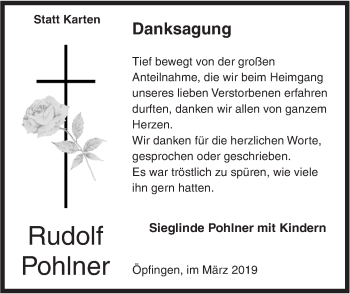 Traueranzeige von Rudolf Pohlner von SÜDWEST PRESSE Ausgabe Ulm/Neu-Ulm