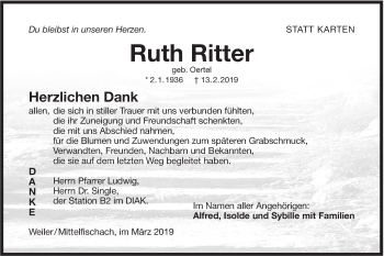 Traueranzeige von Ruth Ritter von Haller Tagblatt