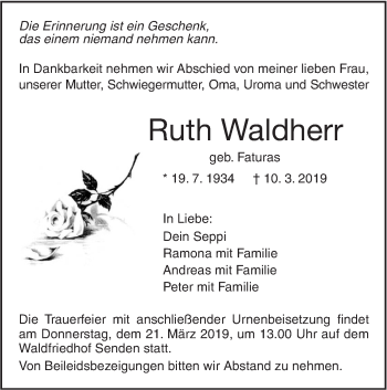 Traueranzeige von Ruth Waldherr von SÜDWEST PRESSE Ausgabe Ulm/Neu-Ulm