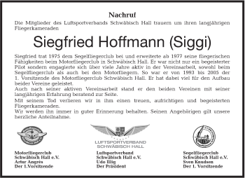 Traueranzeige von Siegfried Hoffmann von Haller Tagblatt