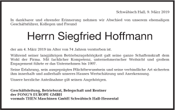 Traueranzeige von Siegfried Hoffmann von Haller Tagblatt