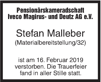 Traueranzeige von Stefan Malleber von SÜDWEST PRESSE Ausgabe Ulm/Neu-Ulm