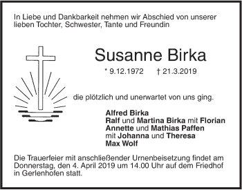 Traueranzeige von Susanne Birka von SÜDWEST PRESSE Ausgabe Ulm/Neu-Ulm