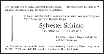 Traueranzeige von Sylvester Schimo von NWZ Neue Württembergische Zeitung