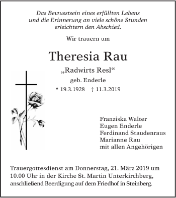 Traueranzeige von Theresia Rau von SÜDWEST PRESSE Ausgabe Ulm/Neu-Ulm