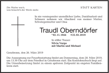 Traueranzeige von Traudl Oberndörfer von Hohenloher Tagblatt